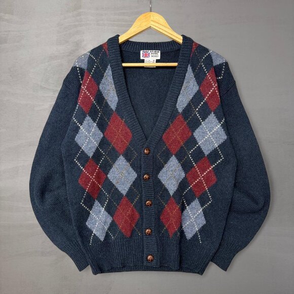 Vintage Royal Scott Blue Argyle Button Up Cardigan Shetland Wool Sweater Medium - Picture 1 of 5